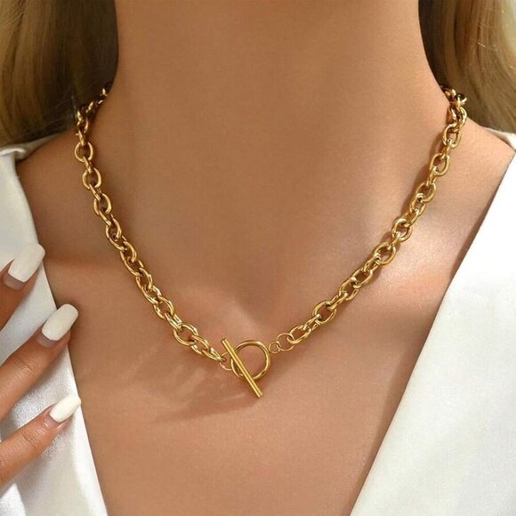 🆕 Women Gold Toggle Bar Clasp Chain Necklace Dainty Choker Stainless Jewelry - Picture 4 of 7